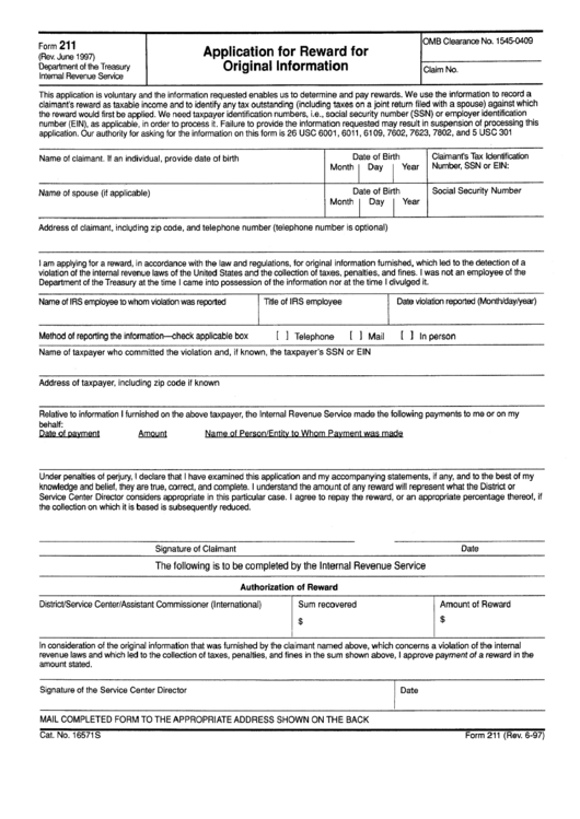 Form 211 - Application Form For Reward Of Original Information - 1997 Printable pdf