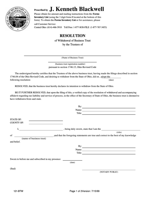 Form 121-Btw - Resolution Of Withdrawal Of Business Trust By The Trustees Form - State Of Ohio Printable pdf