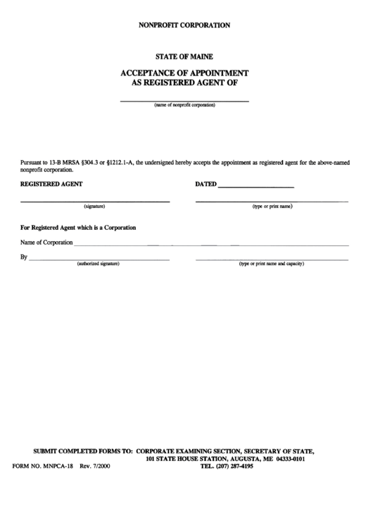 Form Mnpca-18 - Acceptance Of Appointment As Registered Agent Printable pdf