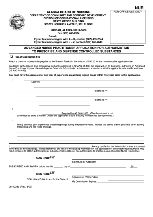 Fillable Form 08-4028d - Advanced Nurse Practitioner Application For Authorization To Prescribe And Dispense Controlled Substances Printable pdf