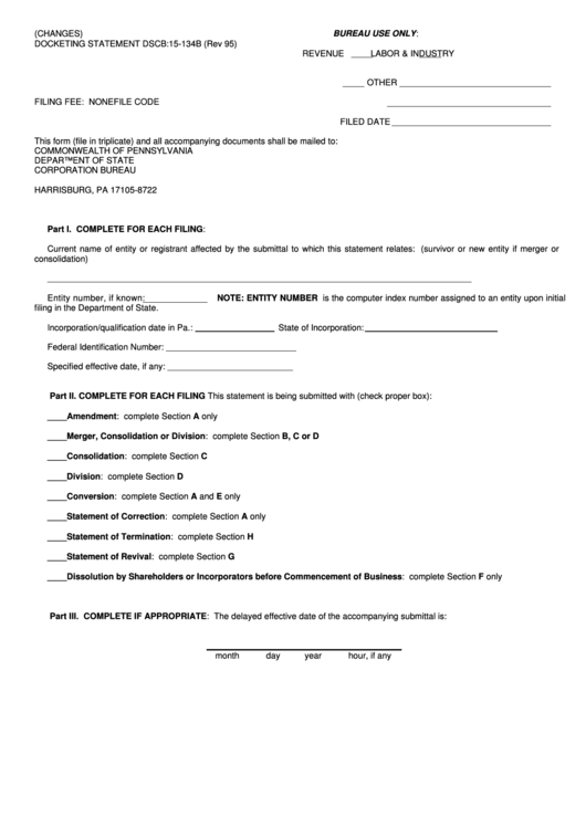 Form 15-134b - Docketing Statement Template - 1995 Printable pdf