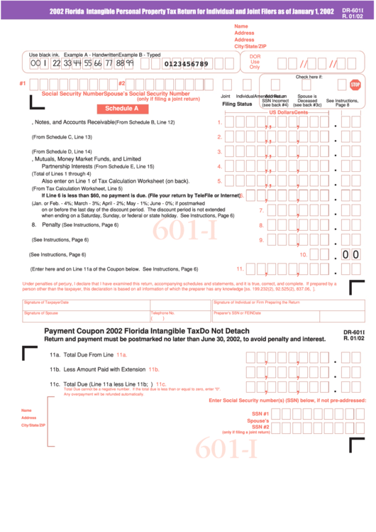 Form Dr-601i - Florida Intangible Personal Property Tax Return Form For Individual And Joint Filers - 2002 Printable pdf