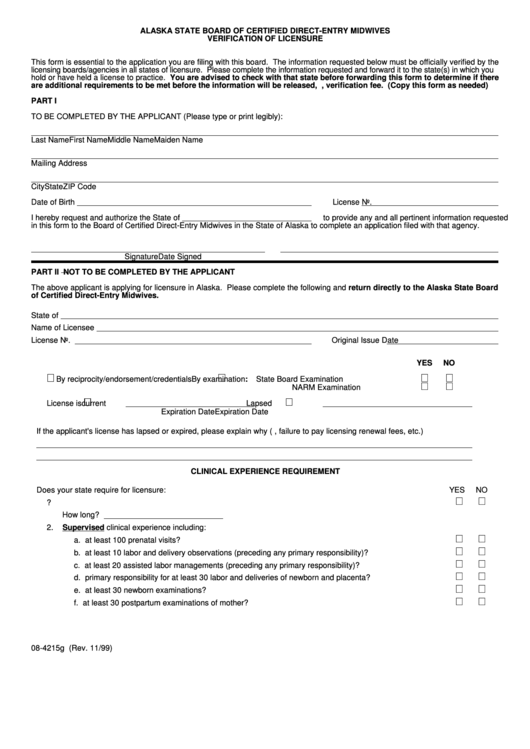 Form 08-4215g - Alaska State Board Of Certified Direct-Entry Midwives Verification Of Licensure Printable pdf