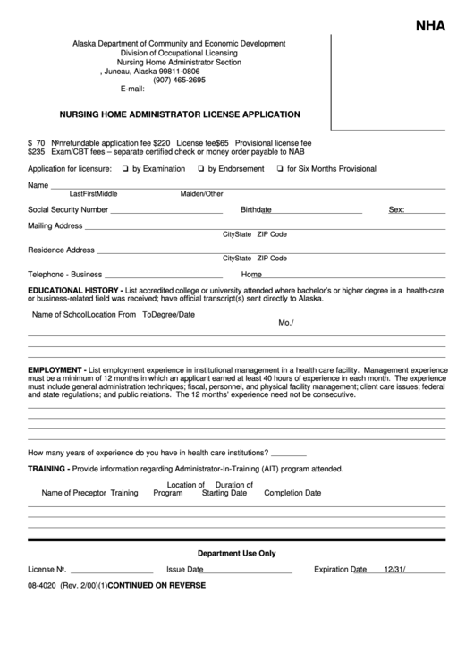 Form 08-4020 - Nursing Home Administrator License Application Printable pdf