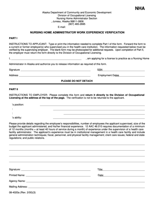Form 08-4020a - Nursing Home Administrator Work Experience Verification Printable pdf