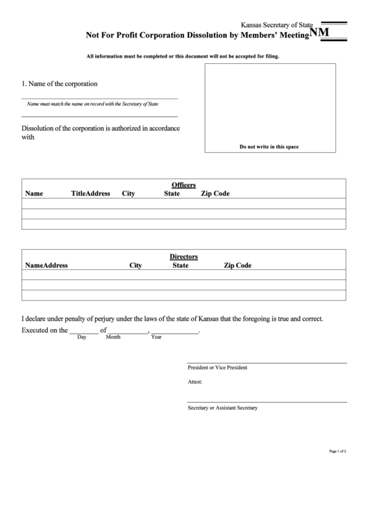 Form Nm - Not For Profit Corporation Dissolution By Members Meeting Printable pdf