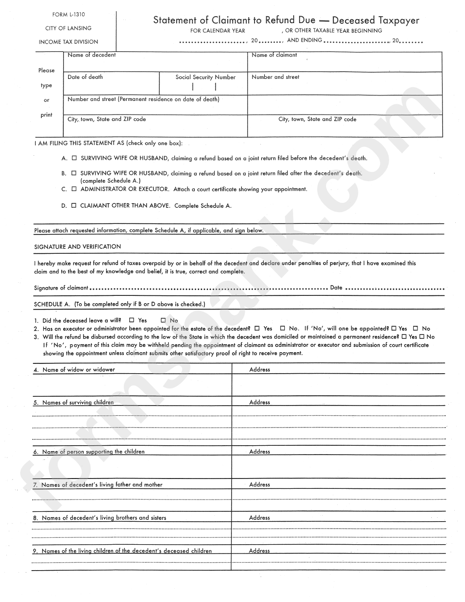 Form L-1310 - Statement Of Claimant To Refund Due - Deceased Taxpayer Form - State Of Michigan