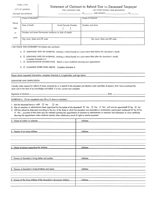 Form L-1310 - Statement Of Claimant To Refund Due - Deceased Taxpayer Form - State Of Michigan Printable pdf