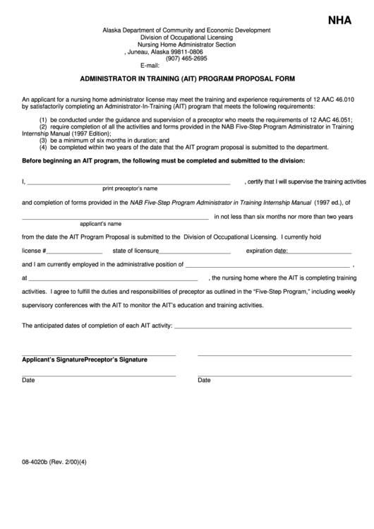 Form 08-4020b - Administrator In Training (Ait) Program Proposal Form Printable pdf