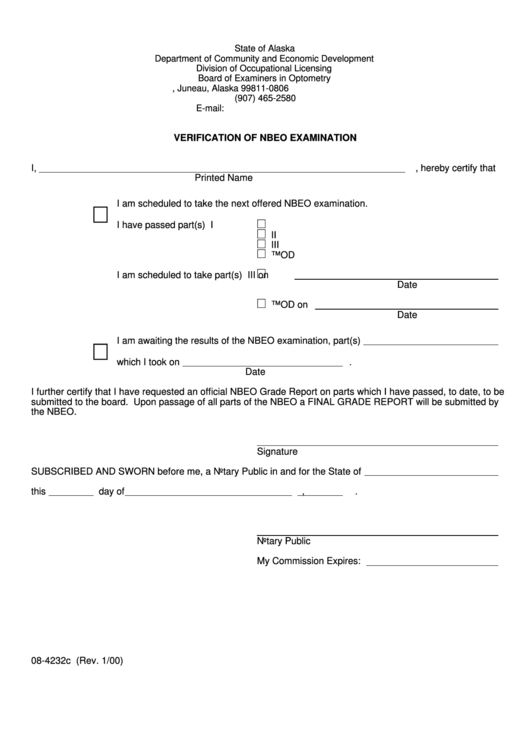 Form 08-4232c - Verification Of Nbeo Examination Printable pdf