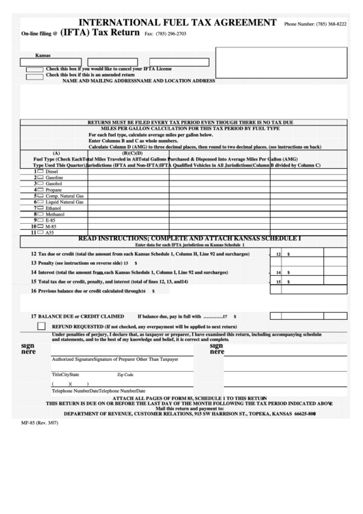 Form Mf-85 - International Fuel Tax Agreement (ifta) Tax Return - 2007
