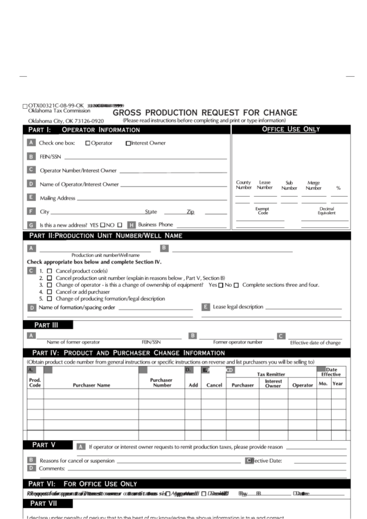 Form 320-C-R-8-1999 - Gross Production Request For Change Printable pdf