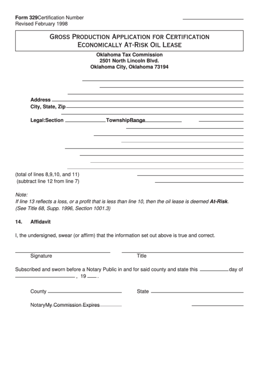 Form 329 - Gross Production Application For Certification Economically At-Risk Oil Lease Form Printable pdf