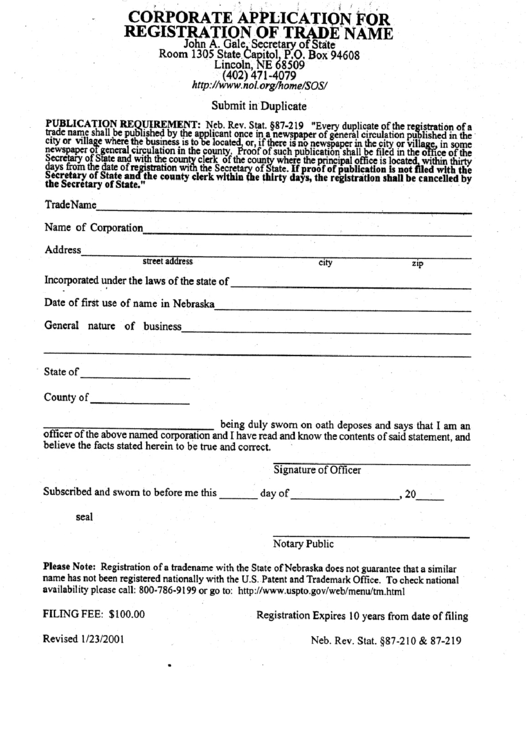 Corporate Application Form For Registration Of Trade Name Printable pdf