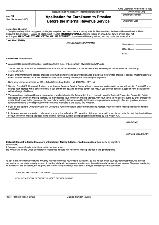 Form 23 - Application For Enrollment To Practicebefore The Internal Revenue Service - 2000 Printable pdf