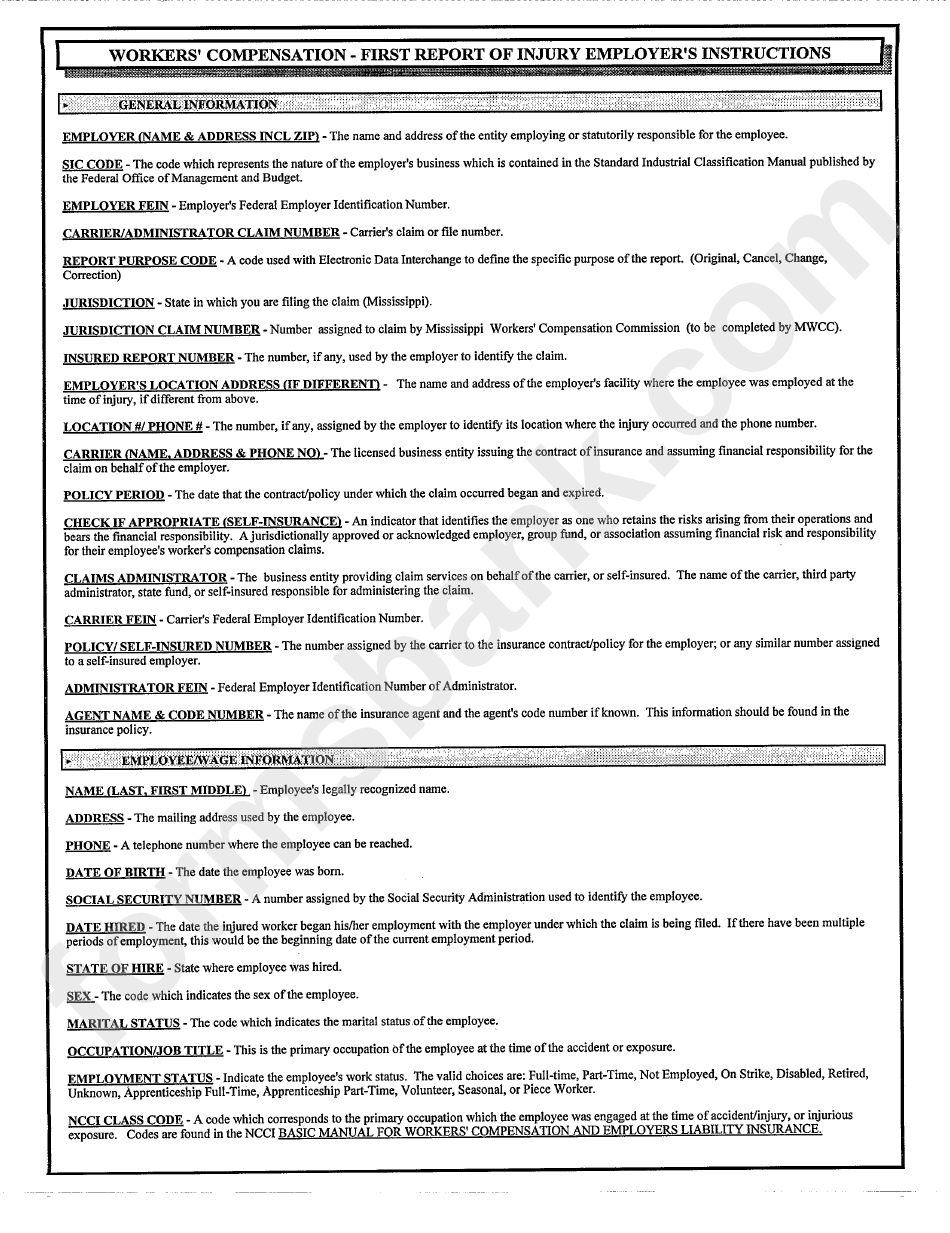 Workers Compensation First Report Of Injury Employers Instructions Sheet
