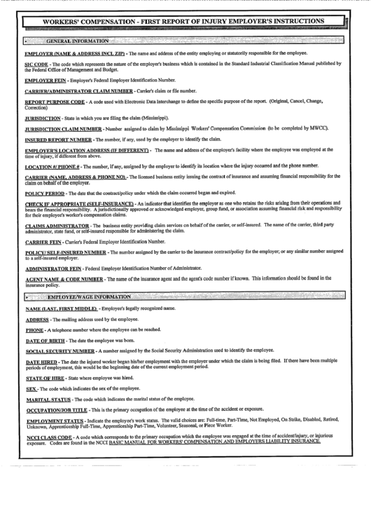 Workers Compensation First Report Of Injury Employers Instructions Sheet Printable pdf