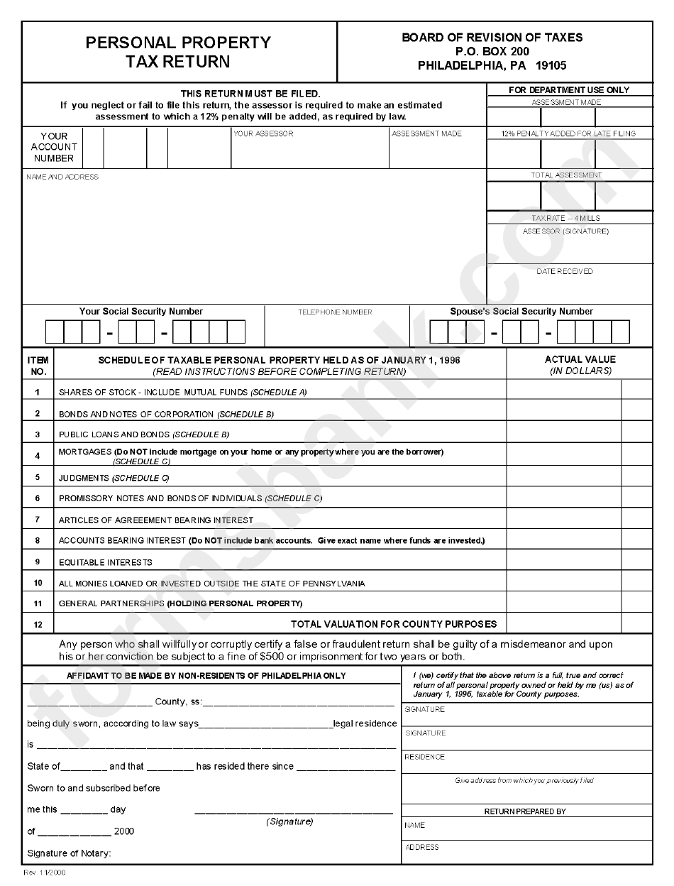 Personal Property Tax Return Form