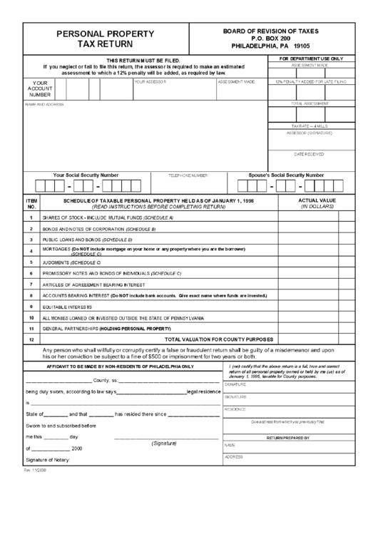 Personal Property Tax Return Form Printable pdf