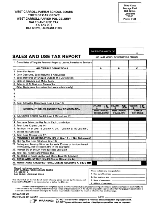 Sales And Use Tax Report Form - State Of Louisiana Printable pdf