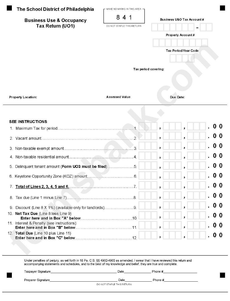 Form Uo1 - Business Use & Occupancy Tax Return Form