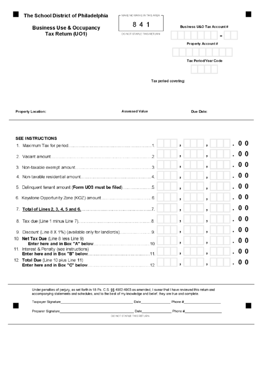 Form Uo1 - Business Use & Occupancy Tax Return Form Printable pdf