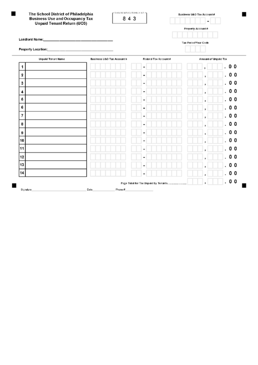 Form Uo3 - Business Use And Occupancy Tax Unpaid Tenant Return Form Printable pdf