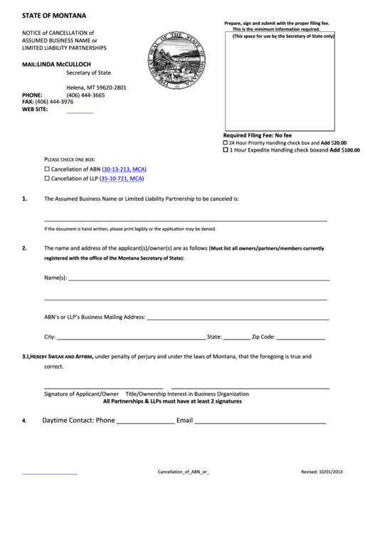 Notice Form Of Cancellation Of Assumed Business Name Or Limited Liability Partnerships - State Of Montana Printable pdf