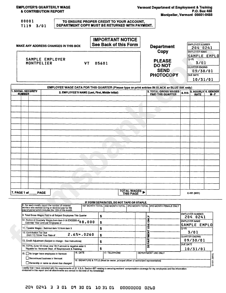 Employer'S Quarterly Wage & Contribution Report Form printable pdf download