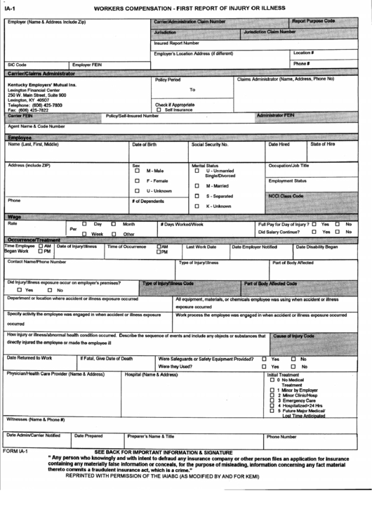 Form Ia-1 - Workers Compensation First Report Of Injury Or Illness Printable pdf