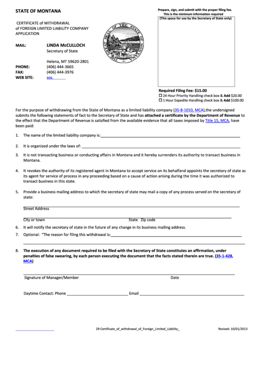 Certificate Of Withdrawal Of Foreign Limited Liability Company Application Form - State Of Montana - 2013 Printable pdf