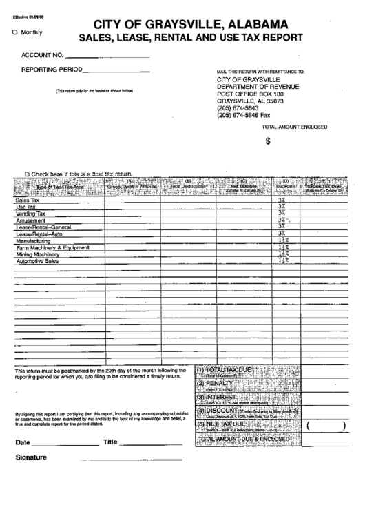 Sales, Lease, Rental And Use Tax Report Form - City Of Graysville Printable pdf
