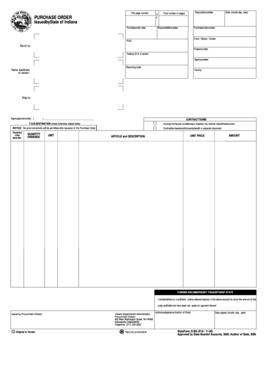 Fillable State Form 21303 - Purchase Order Printable pdf