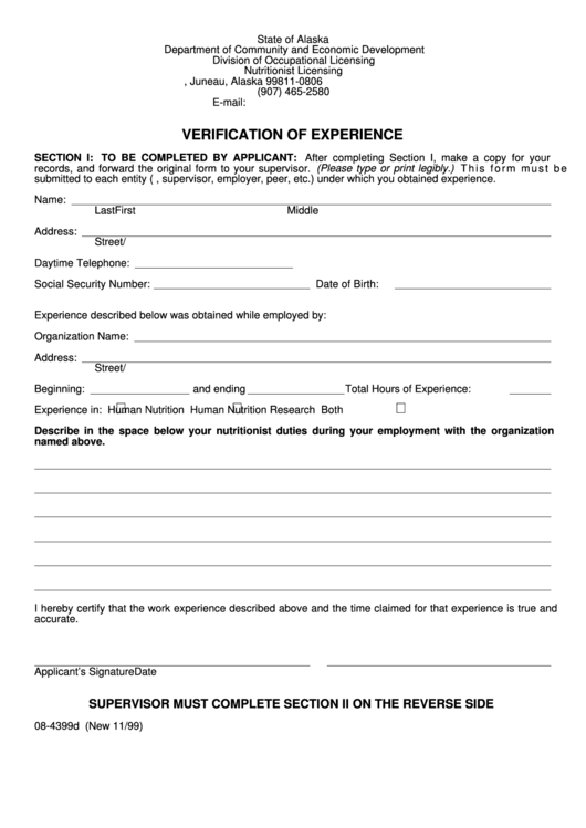Form 08-4399d - Verification Of Experience - Department Of Community And Economic Development Printable pdf