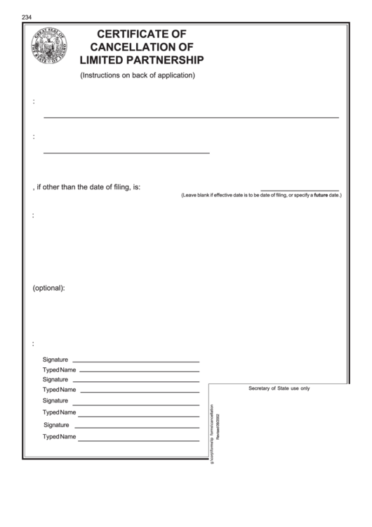 Certificate Of Cancellation Of Limited Partnership Form Printable pdf