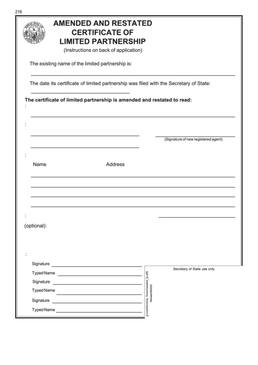 Amended And Restated Certificate Of Limited Partnership Form printable