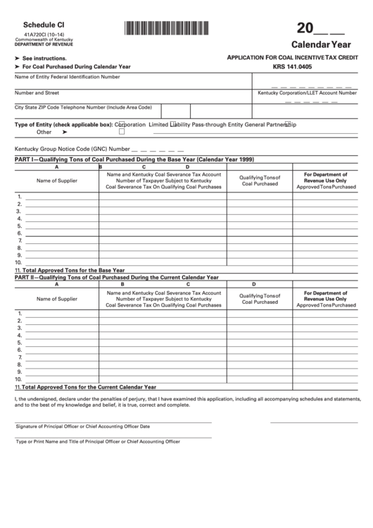 Fillable Form 41a720ci - Schedule Ci - Application For Coal Incentive Tax Credit - 2014 Printable pdf