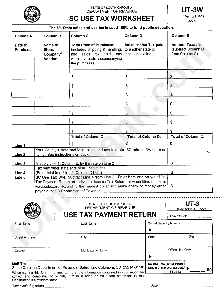 Form Ut-3w - Sc Use Tax Worksheet