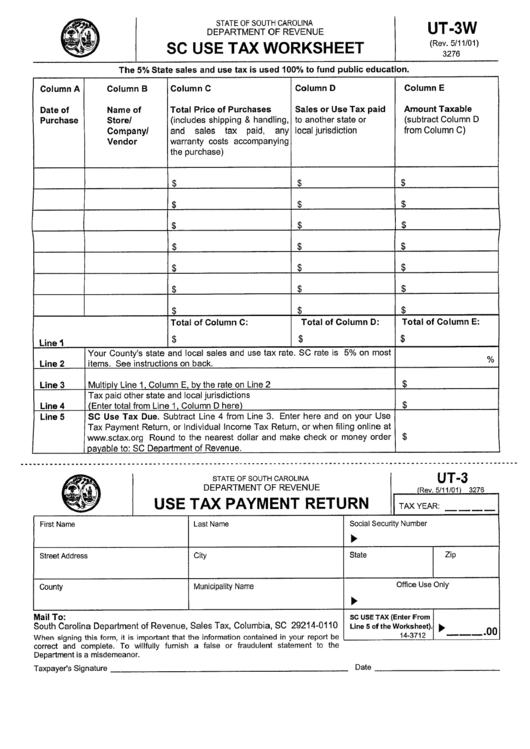 Form Ut-3w - Sc Use Tax Worksheet Printable pdf