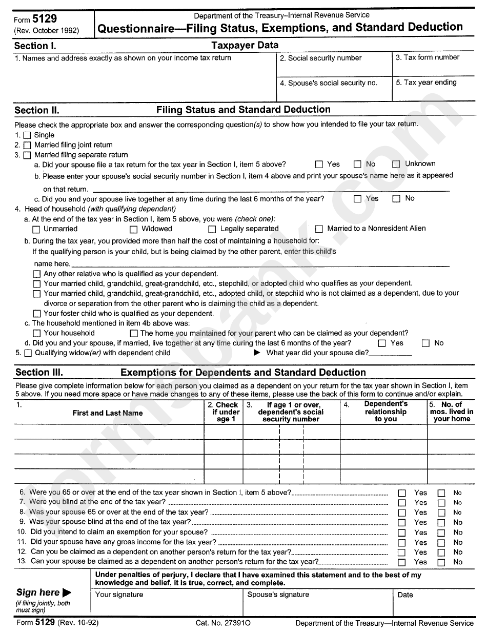 Form 5129 - Questionnaire - Filing Status, Exemptions, And Standart Deduction