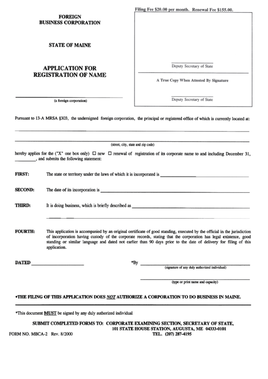 Form Mbca-2 - Foreign Business Corporation Application For Registration Of Name Printable pdf