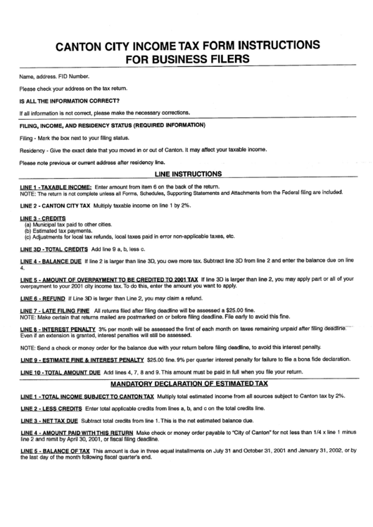 Income Tax Form - Instructions - Canton City printable pdf download