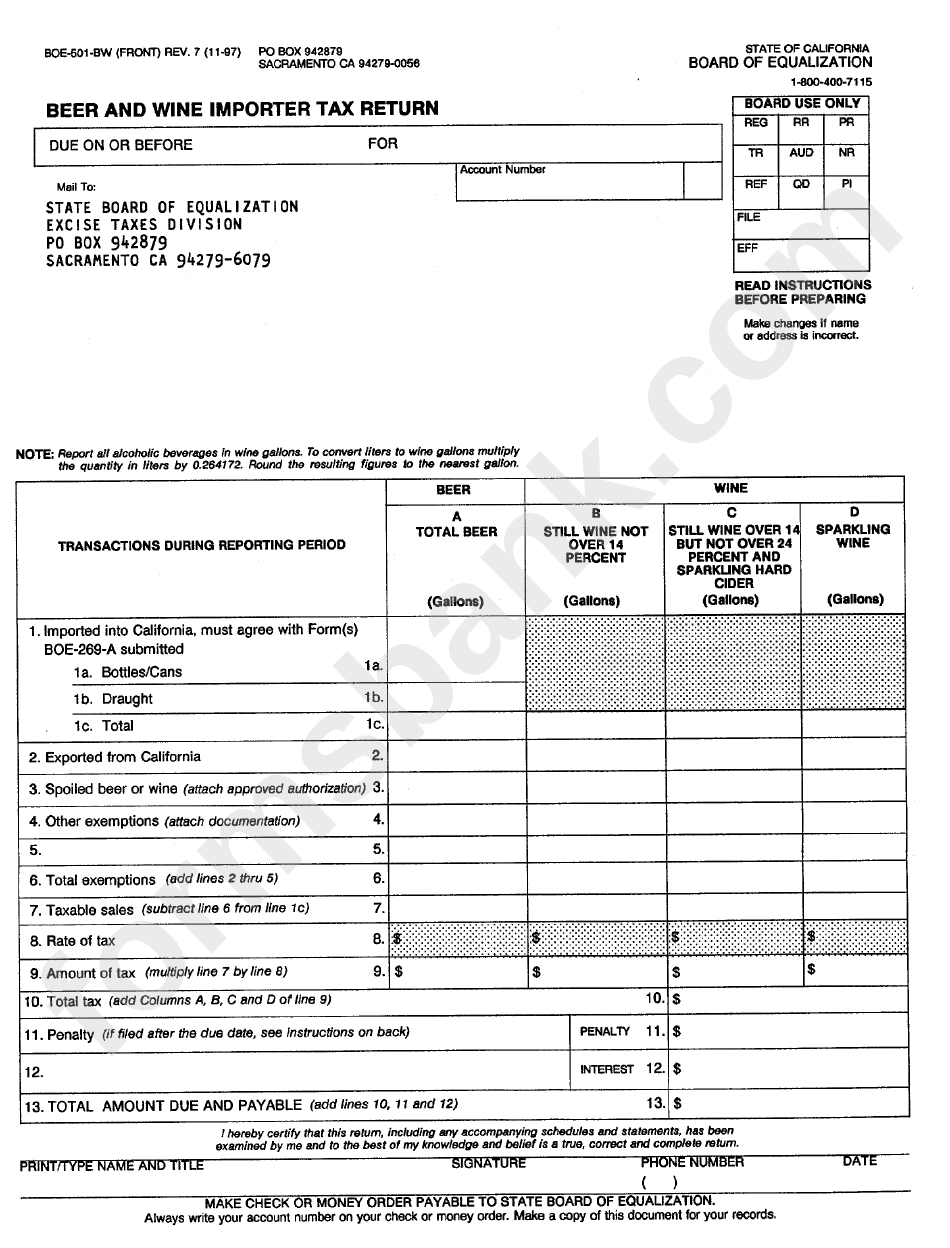 Form Boe-501-Bw - Beer And Wine Importer Tax Return
