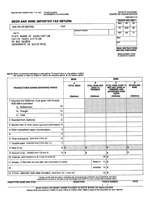Form Boe-501-Bw - Beer And Wine Importer Tax Return Printable pdf