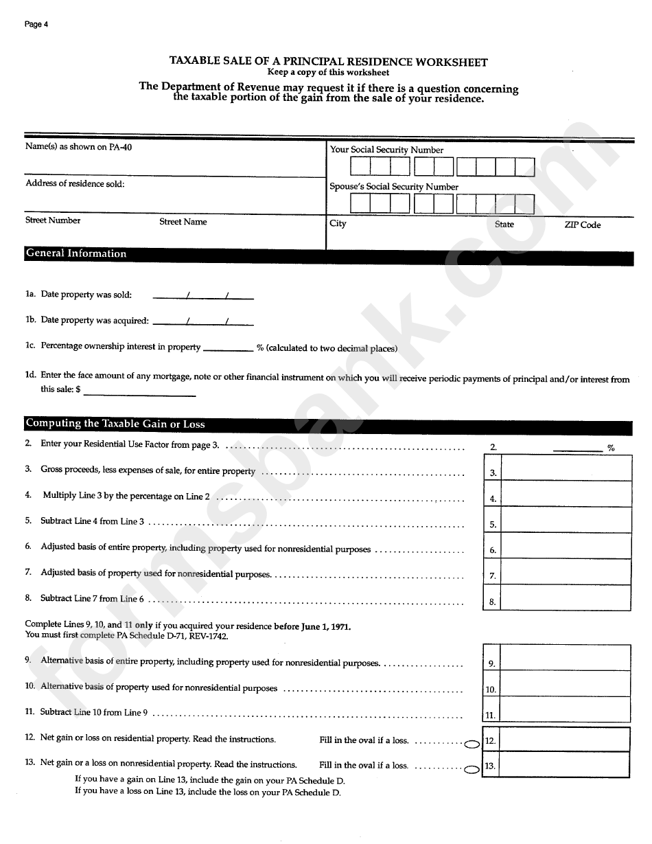 Taxable Sale Of A Principal Residence Worksheet printable pdf download