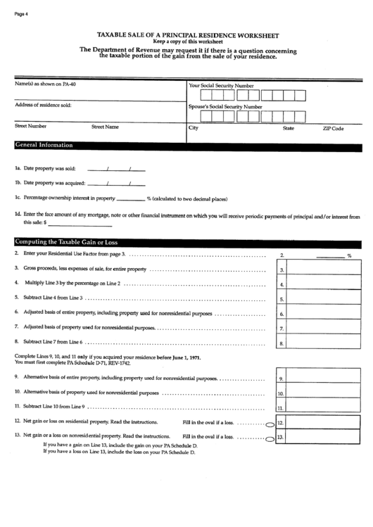Taxable Sale Of A Principal Residence Worksheet Printable pdf