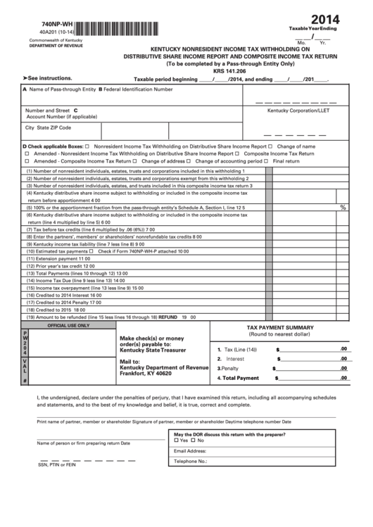 Form 740np-Wh - Kentucky Nonresident Income Tax Withholding On Distributive Share Income Report And Composite Income Tax Return - 2014 Printable pdf