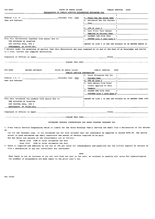 Form T69-Esps - Declaration Of Public Service Corporation Estimated Tax - 2008 Printable pdf