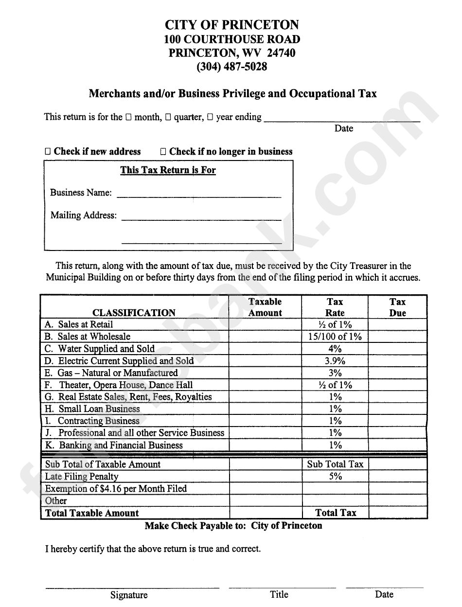 Merchants And/or Business Privilege And Occupational Tax Form