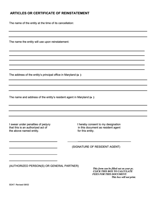 Fillable Articles Or Certificate Of Reinstatement Form - 2002 Printable pdf